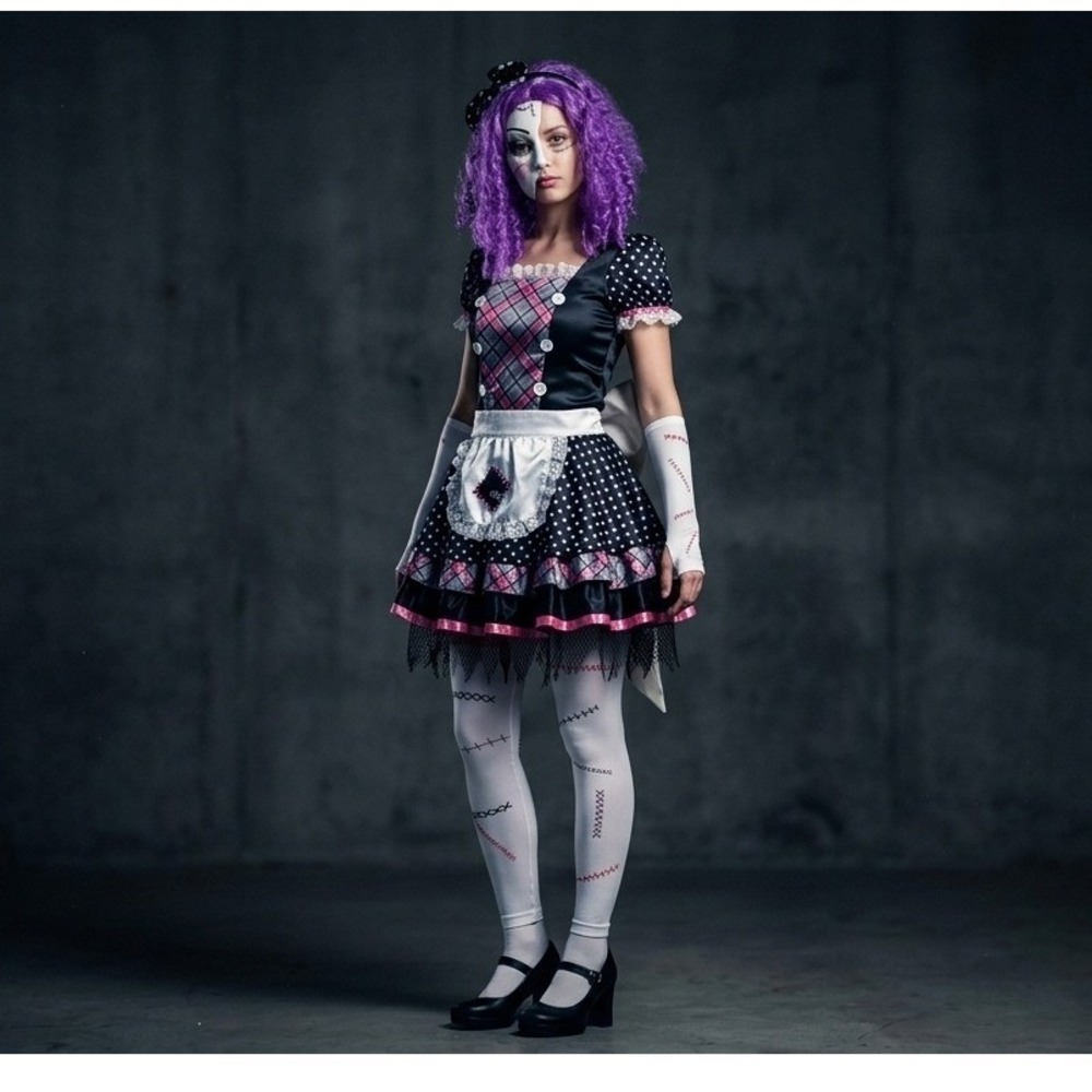 Damaged Doll Costume Girl Halloween Costume Set Dress Mask Tights Child M